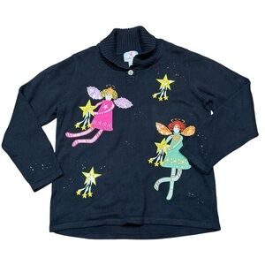NWT Quacker Factory collared sweater with embroidered fairies angels Christmas